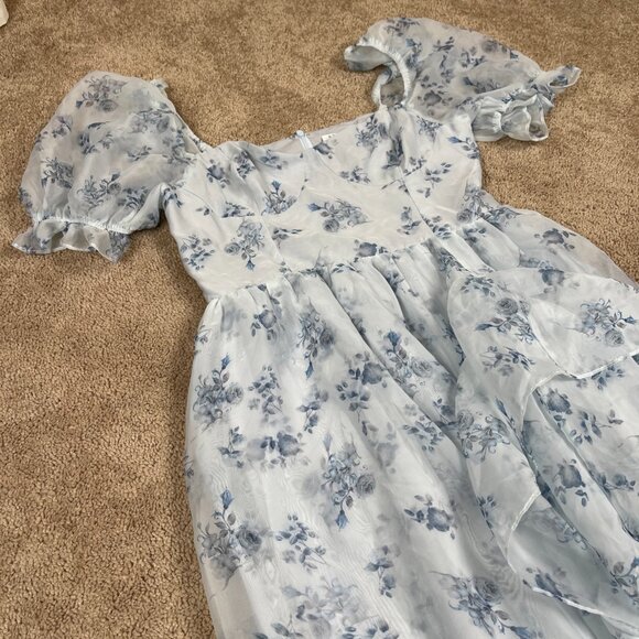 Storia Dress Womens M Blue Floral Coquette Ruffle Milkmaid Corset Puff Wedding - Picture 3 of 11